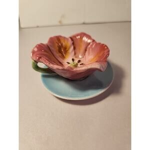 Vintage Lefton Tea Bag Holder pink Pansy Cup with Attached Saucer